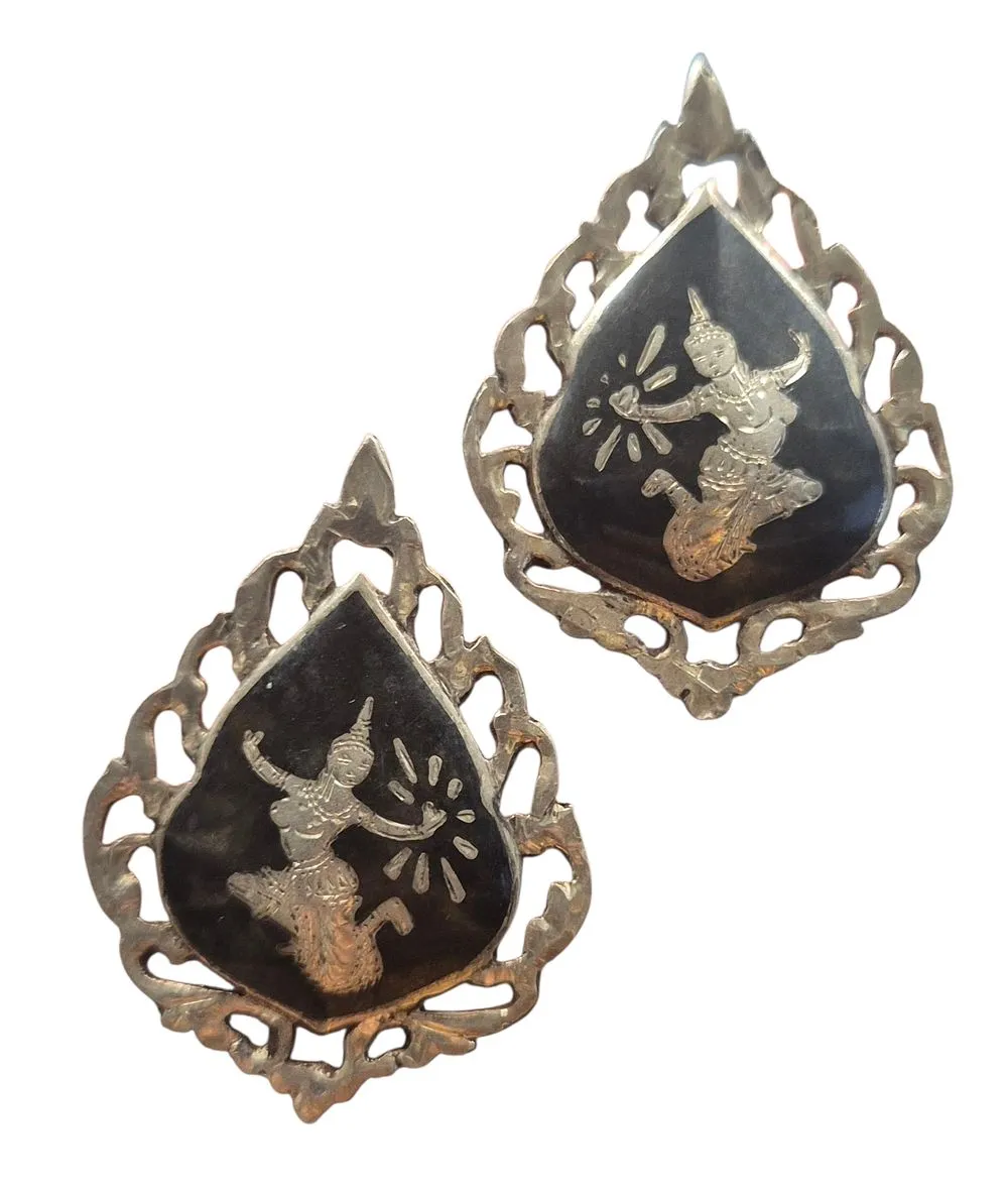 Vintage Siam Sterling Silver Niello Thai Dancer Earrings