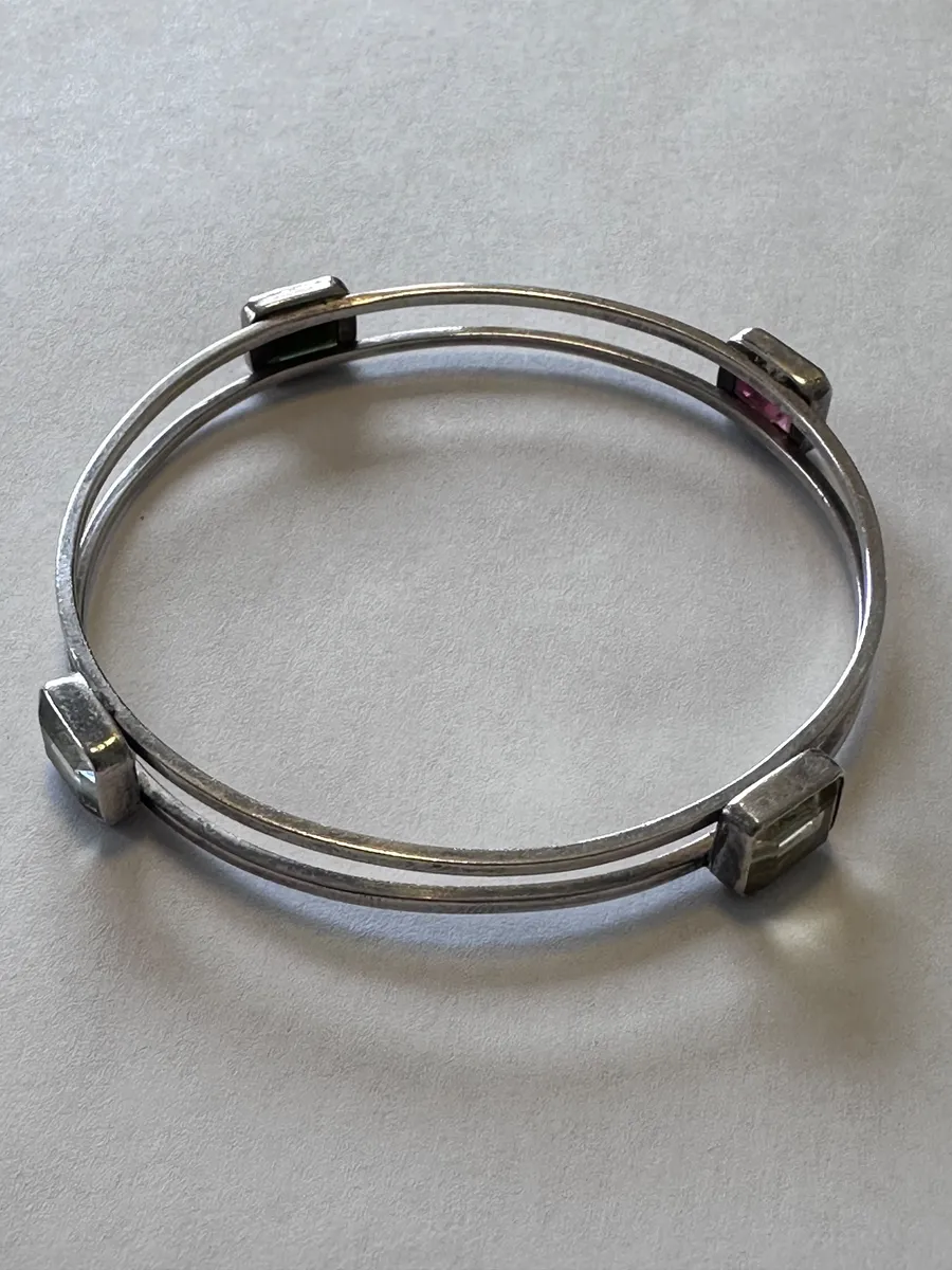 Vintage Sterling Silver Bangle Bracelet Multi Gemstone 925 Boho Colorful Stones Medium Large