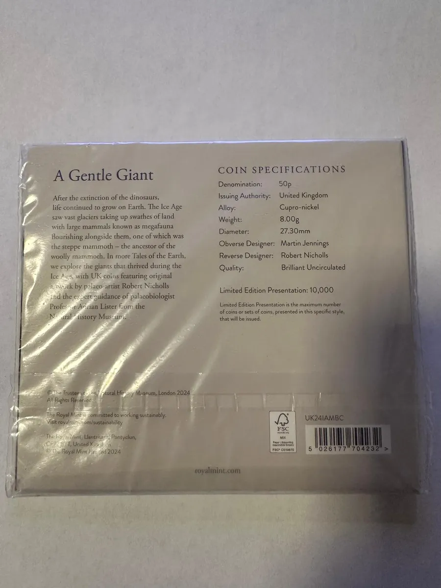 Colourised Royal Mint 50p Coin - Mammoth “A Gentle Giant” Natural History Museum (BU, Limited 10,000) 2