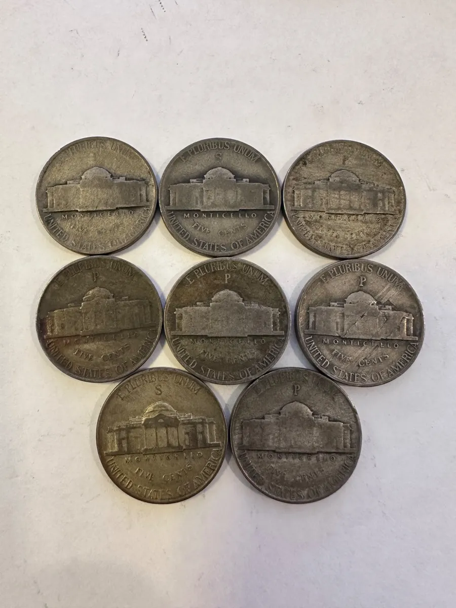 8x U.S. Silver War Nickels (1942–1945) – 35% Silver – P/D/S Mintmarks 2