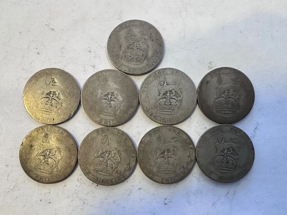 Lot of 9 UK Silver Shillings 1920s King George V 0.500 Silver Coin 2