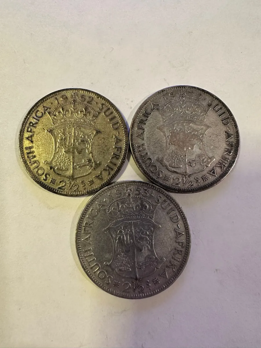 South Africa Silver 2 1/2 Shillings Lot of 3 1952 George VI and 1953 Elizabeth II 0.500 Silver 2