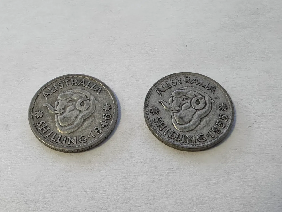 Australia Shilling Silver Coins 1946 & 1955 - Lot of 2