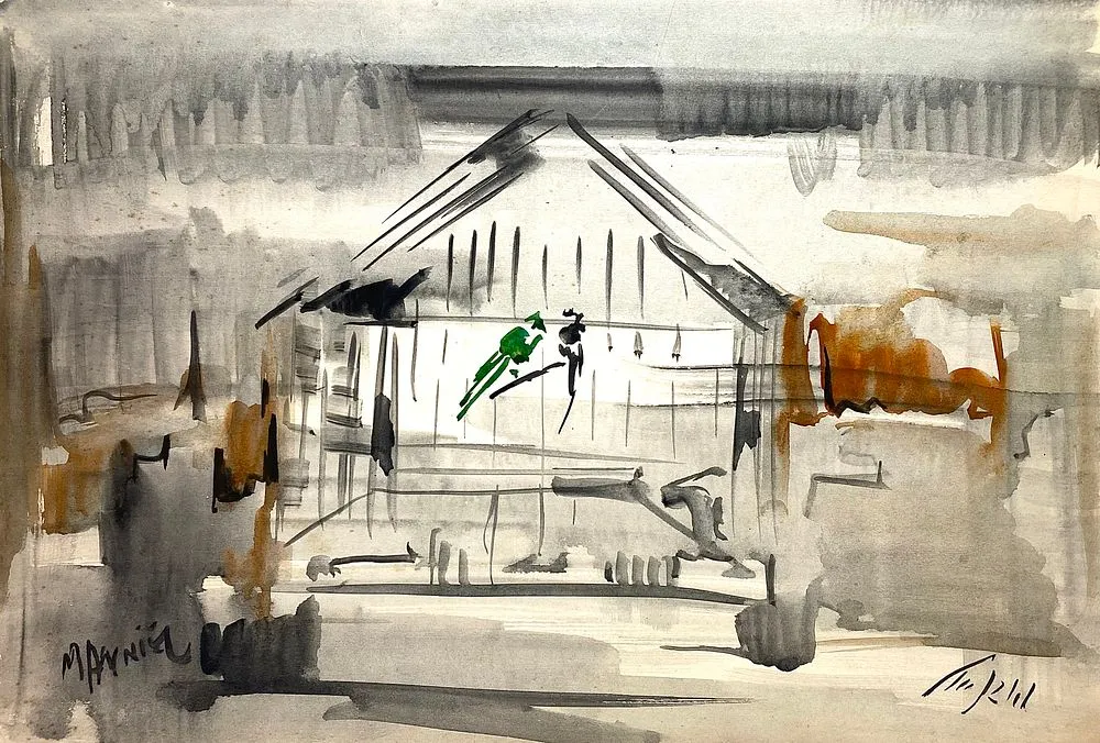Original Mordechai Avniel - Birds in a Cage - Watercolor - 52×36 cm