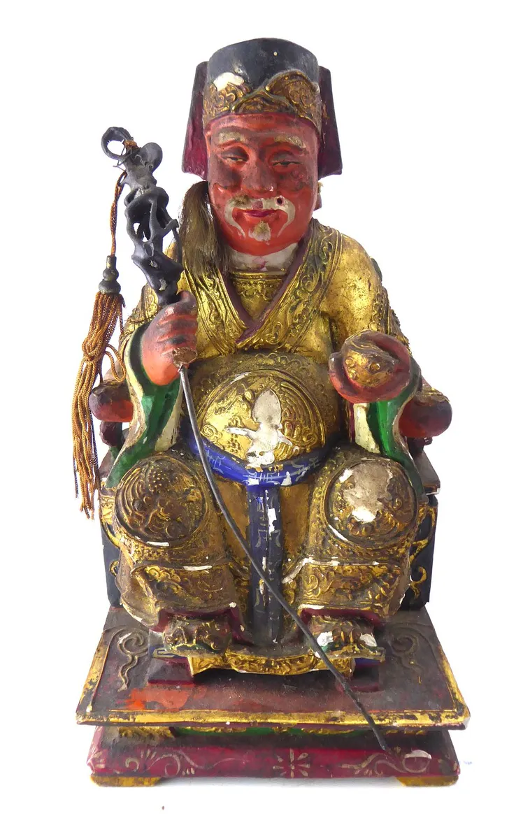Antique Chinese Carved & Gilt Wood Temple Figure — Seated Dignitary / Civil-Official Deity, Inscribed "SW 1912"