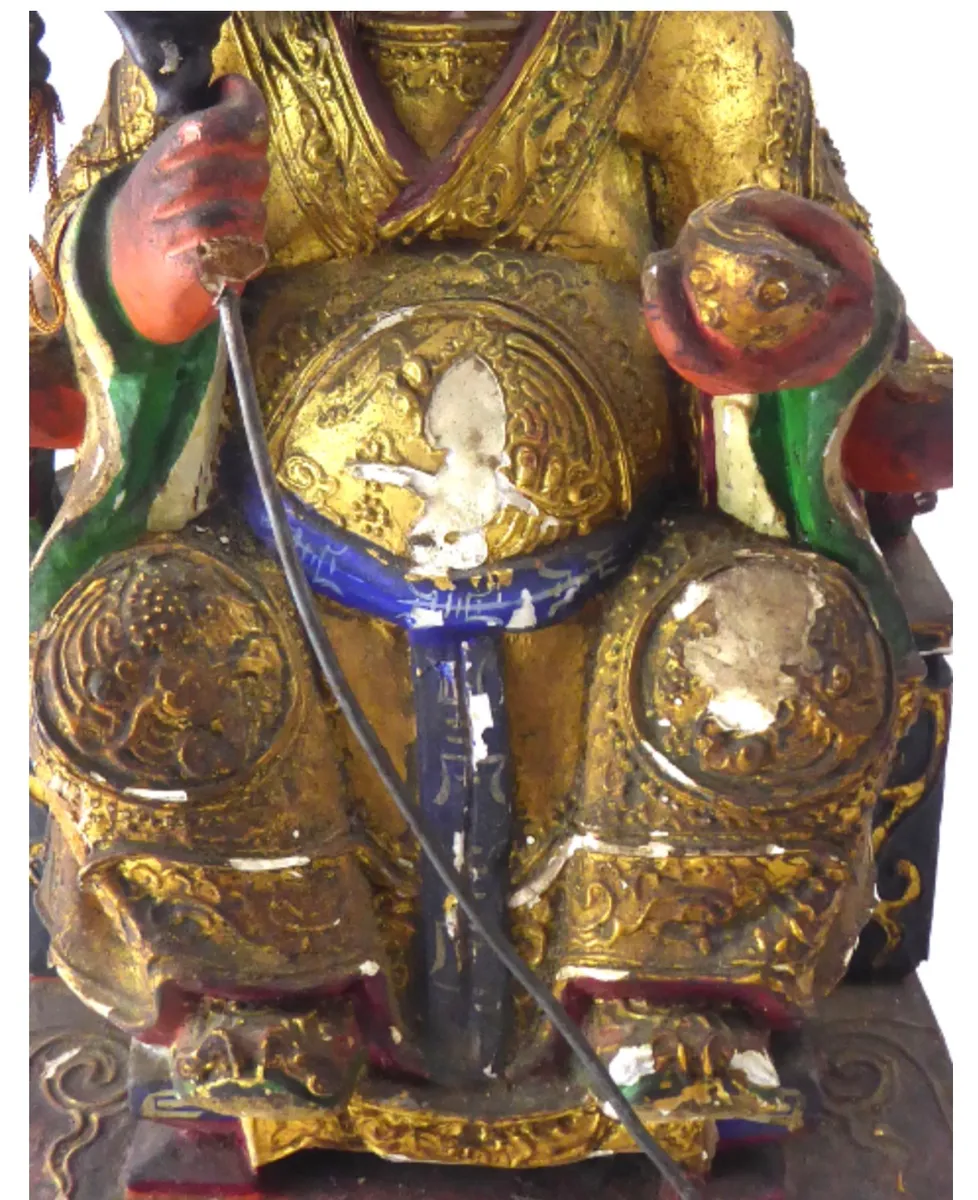 Antique Chinese Carved & Gilt Wood Temple Figure — Seated Dignitary / Civil-Official Deity, Inscribed "SW 1912" 3