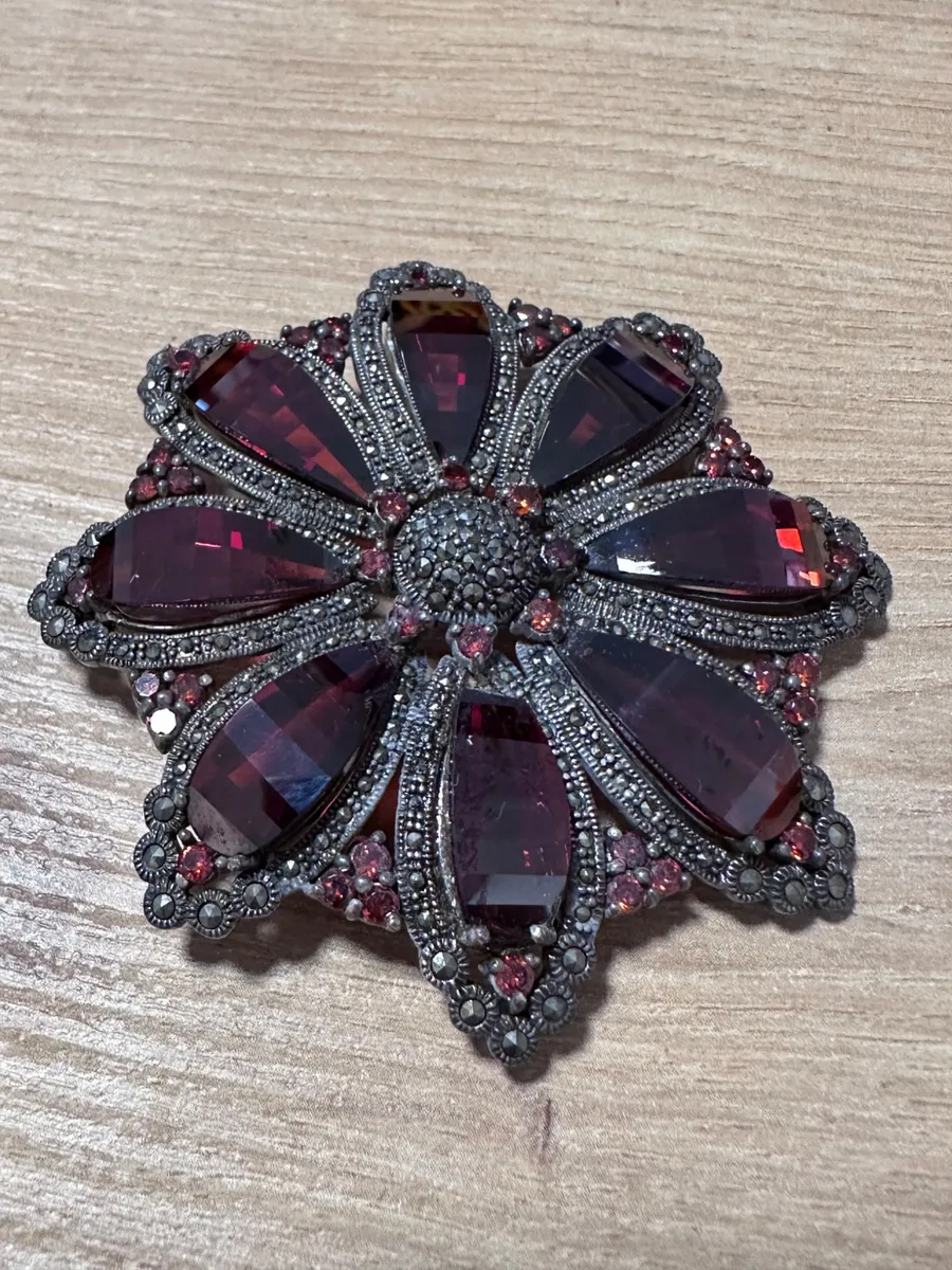 Vintage 925 Sterling Silver Marcasite Red Garnet Flower Brooch Pendant Pin 47.4g