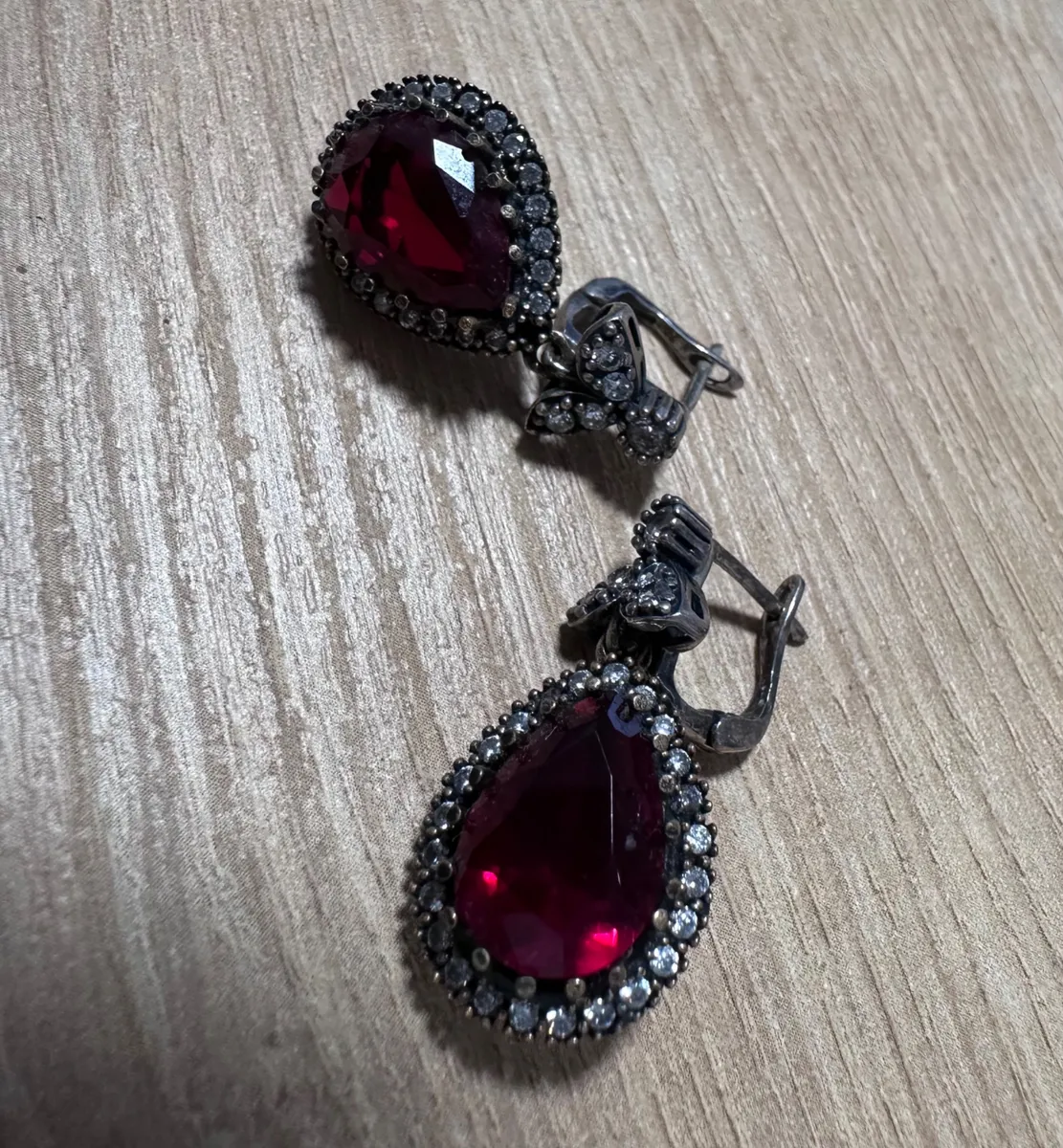 Vintage Style 925 Sterling Silver Pear Red Gemstone Dangle Earrings 2