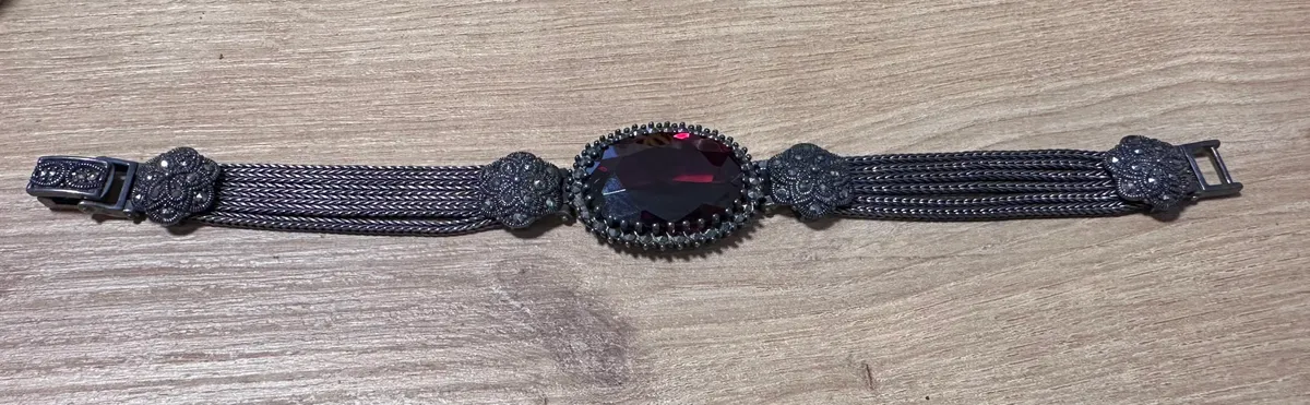 Vintage 925 Sterling Silver Marcasite & Red Stone Bracelet