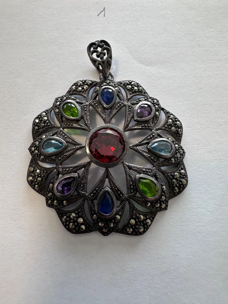 Vintage Sterling Silver Marcasite and Multi-Gemstone Flower Pendant