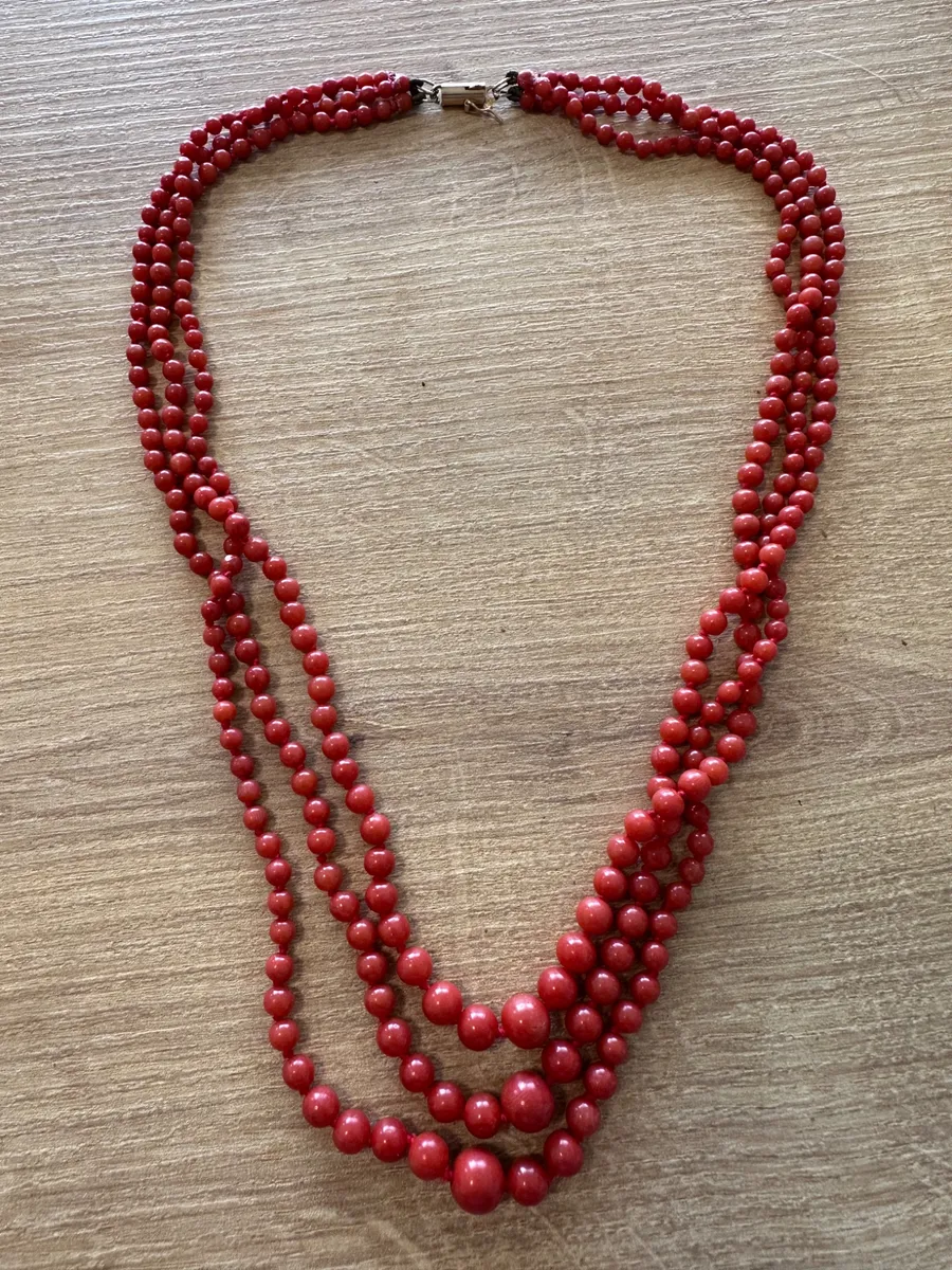 Vintage 3-Strand Graduated Red Coral Bead Necklace with 14K Gold Clasp