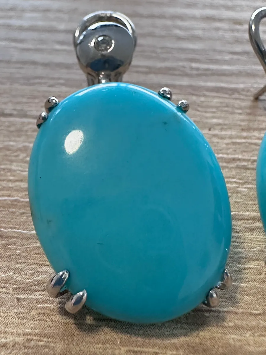 Pair of 14K White Gold Oval Turquoise and Diamond Earrings 4
