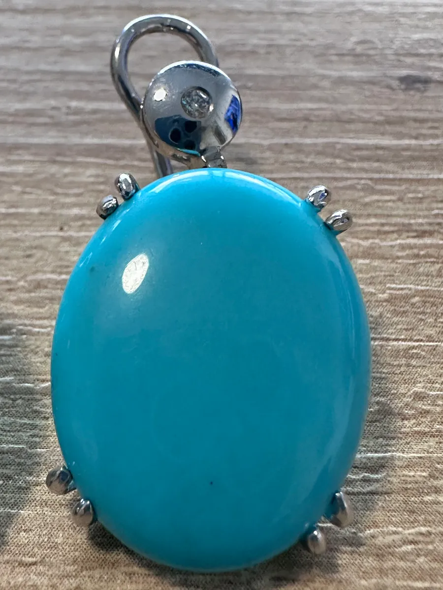 Pair of 14K White Gold Oval Turquoise and Diamond Earrings 5