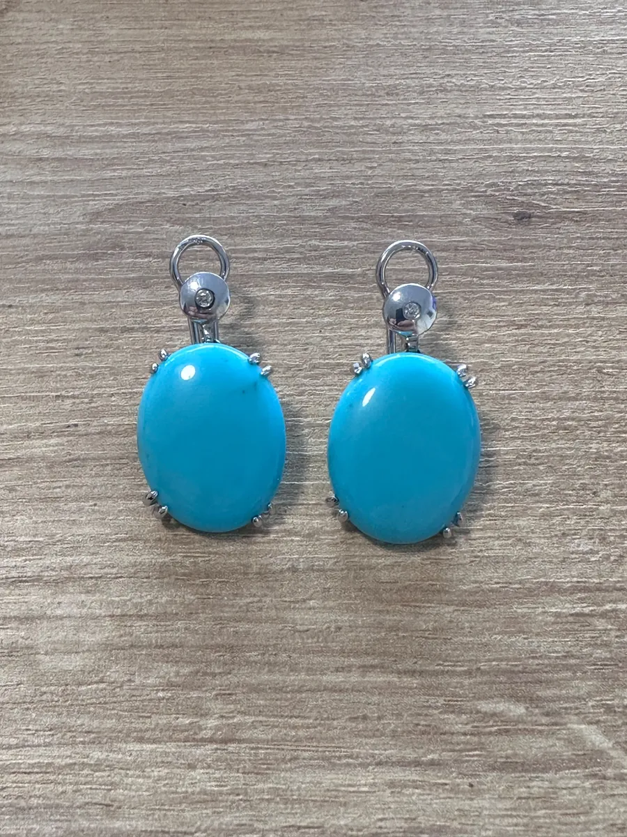 Pair of 14K White Gold Oval Turquoise and Diamond Earrings 2
