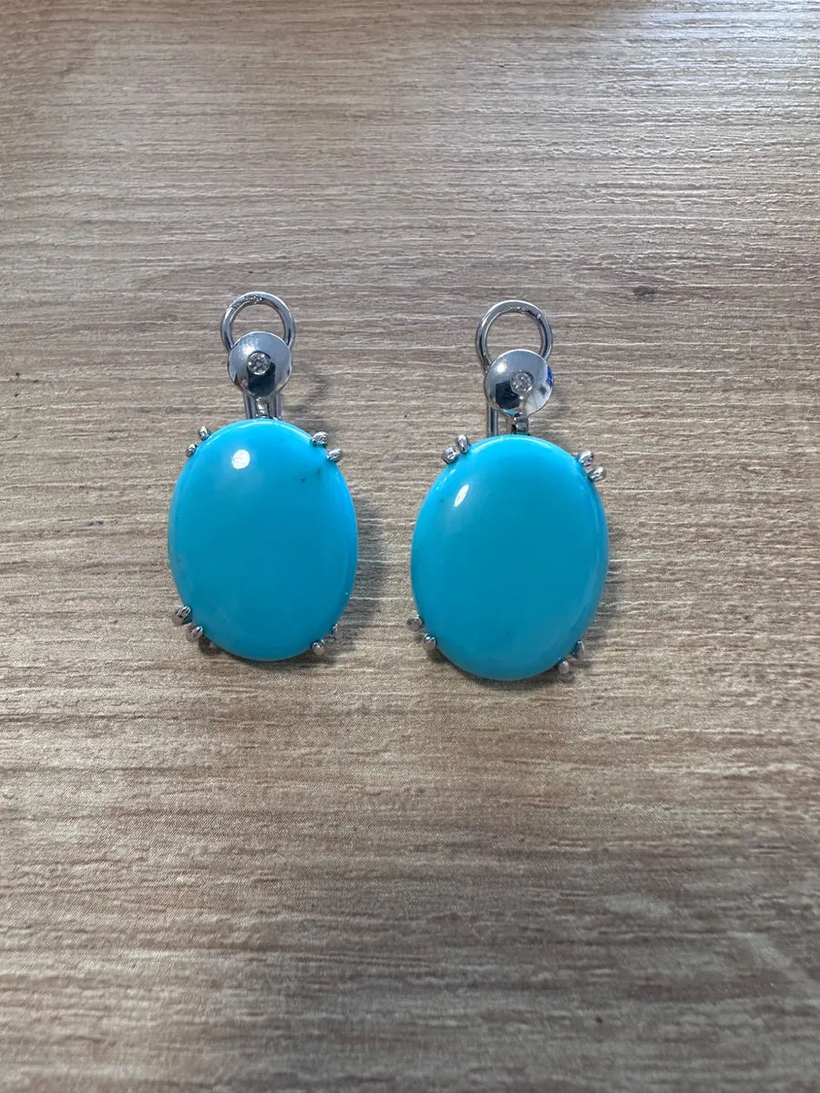 Pair of 14K White Gold Oval Turquoise and Diamond Earrings