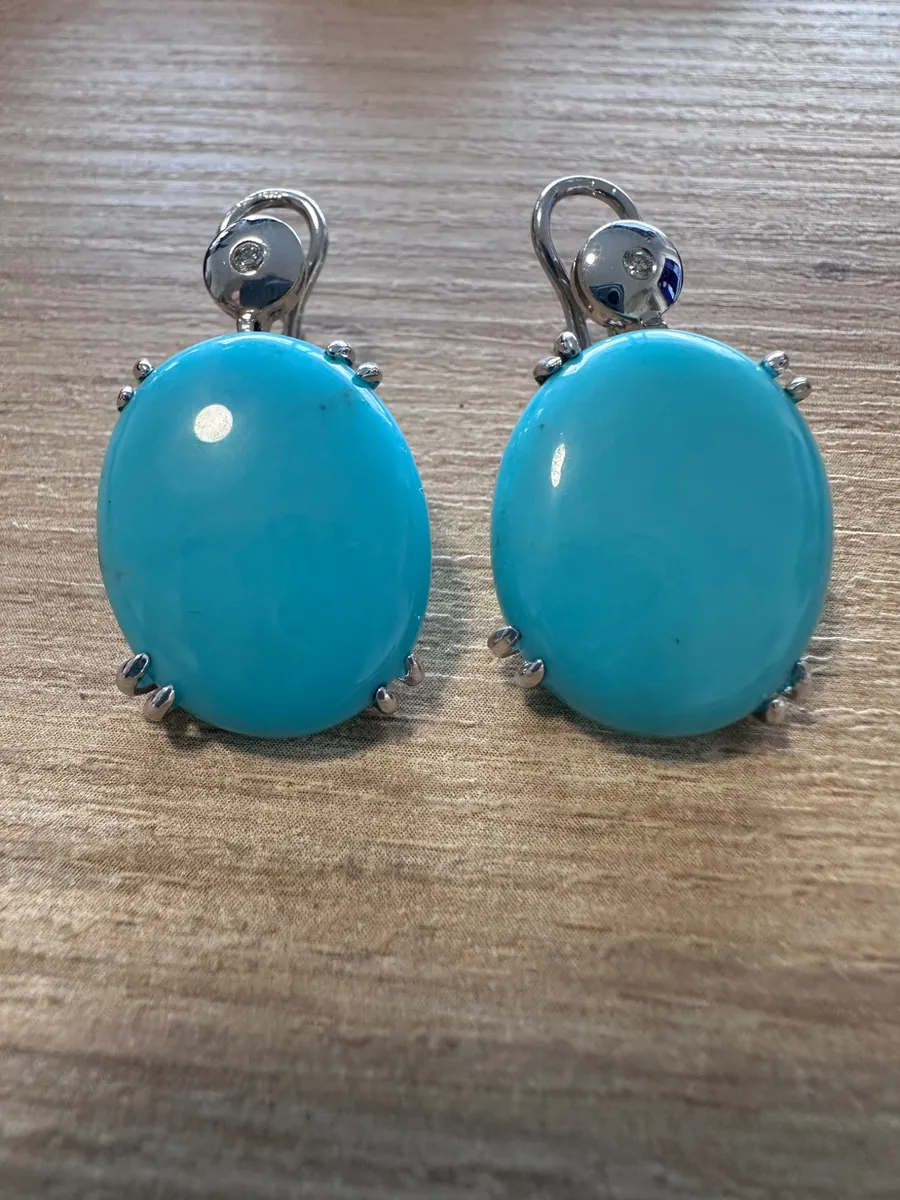 Pair of 14K White Gold Oval Turquoise and Diamond Earrings 3