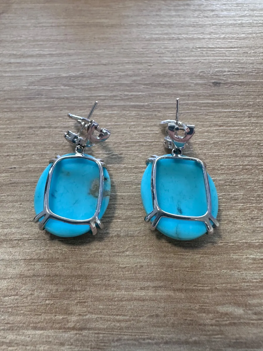 Pair of 14K White Gold Oval Turquoise and Diamond Earrings 6