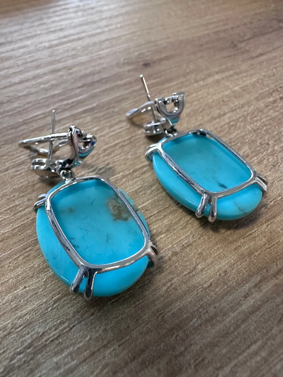 Pair of 14K White Gold Oval Turquoise and Diamond Earrings 7