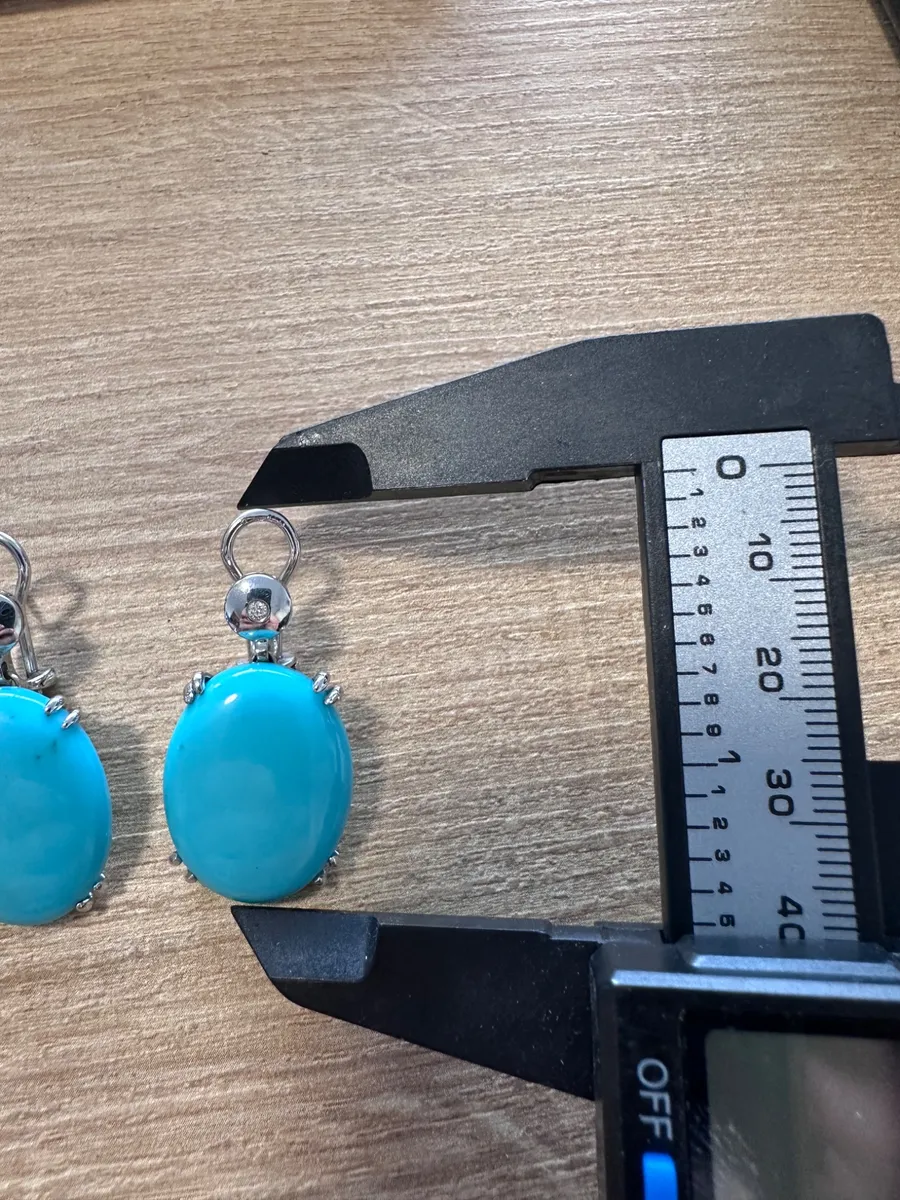 Pair of 14K White Gold Oval Turquoise and Diamond Earrings 8