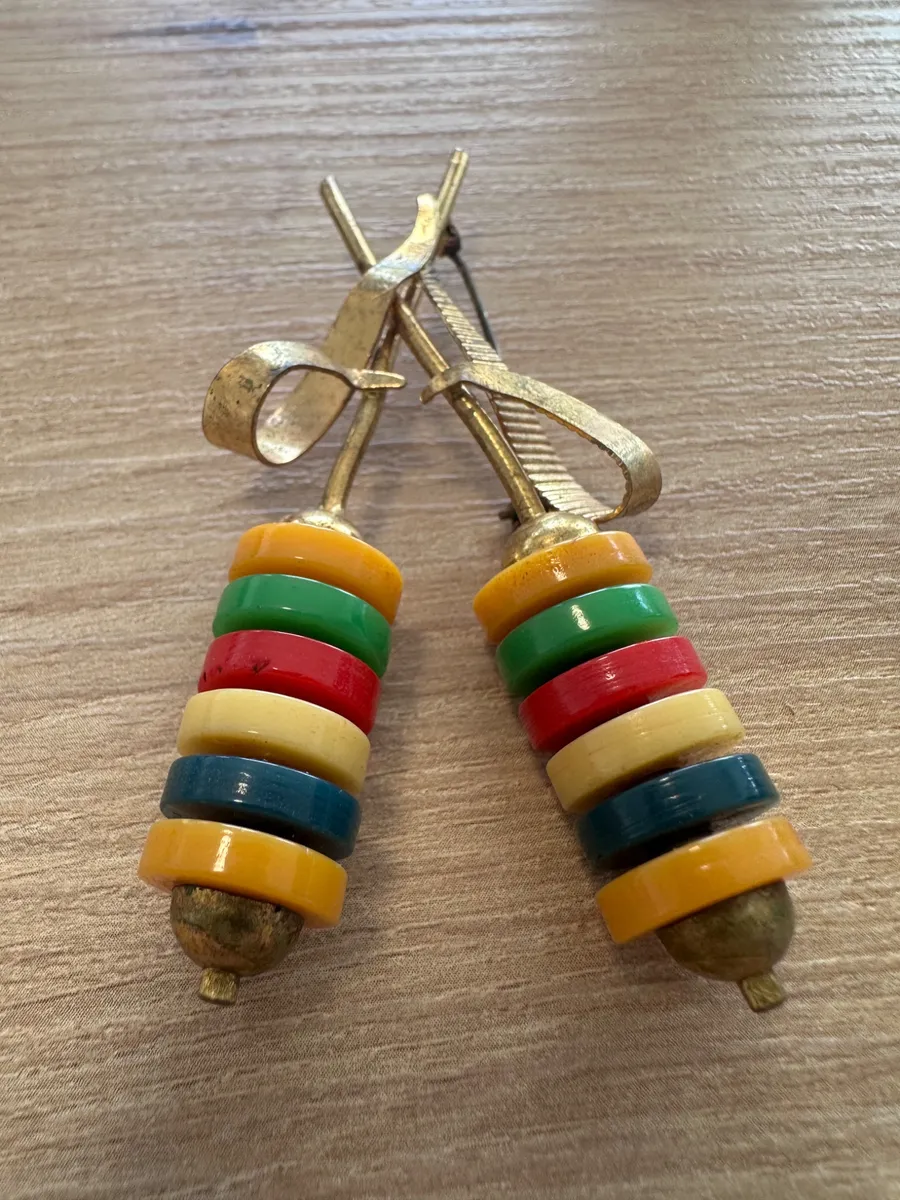 Vintage Cherry Drop Brooch - Gilt Base Metal Frame with Stacked Colorful Novelty Disk Pendants