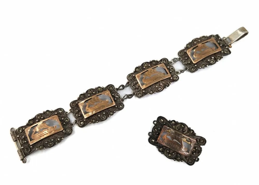 Scandinavian Sterling Silver & 9K Gold Viking Ship Bracelet & Brooch Set