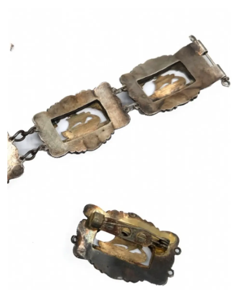 Scandinavian Sterling Silver & 9K Gold Viking Ship Bracelet & Brooch Set 3