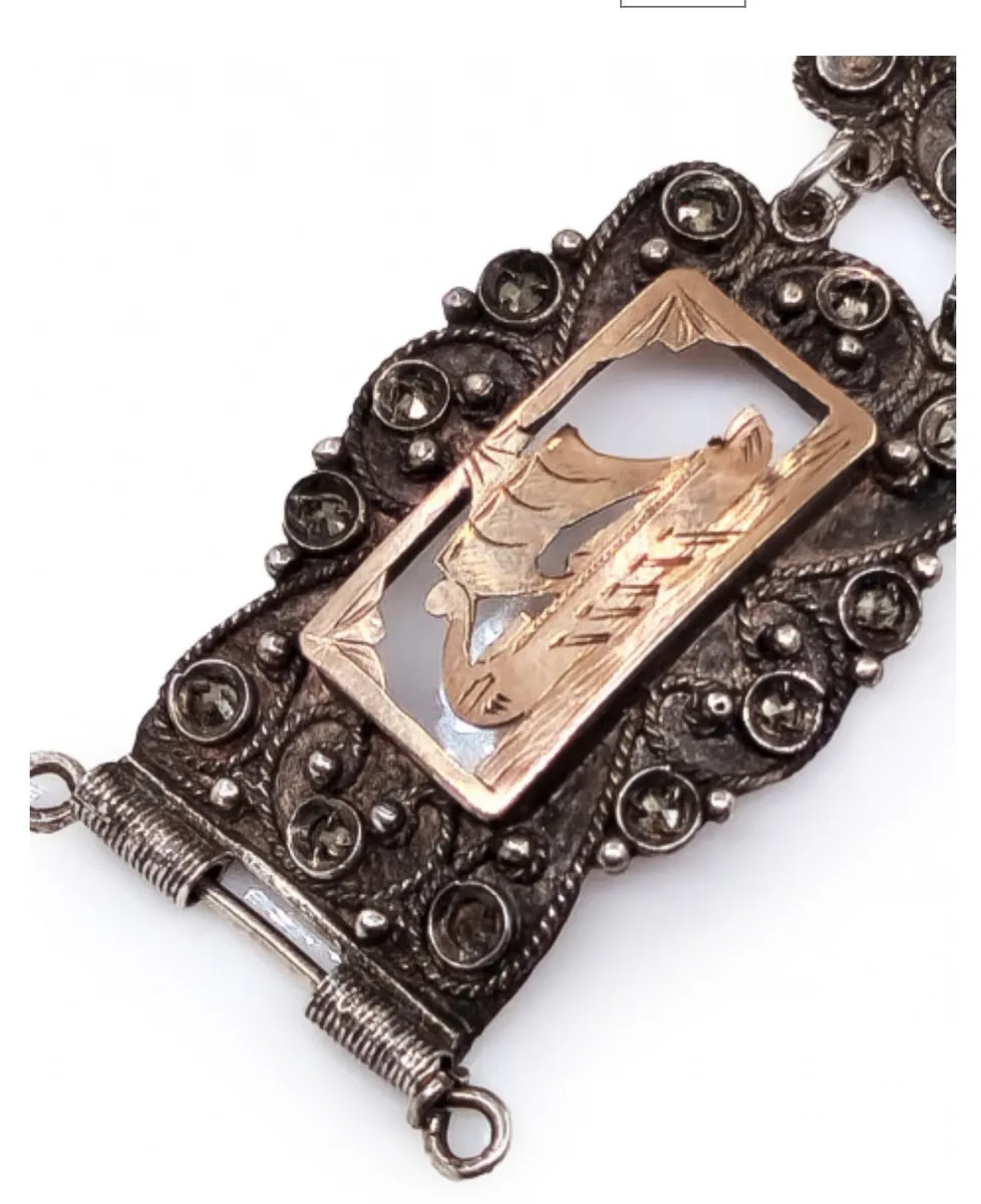 Scandinavian Sterling Silver & 9K Gold Viking Ship Bracelet & Brooch Set 2