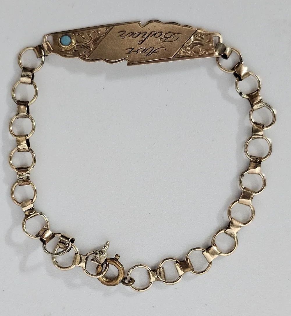Vintage 8K Gold Nameplate Bracelet with Turquoise Accent