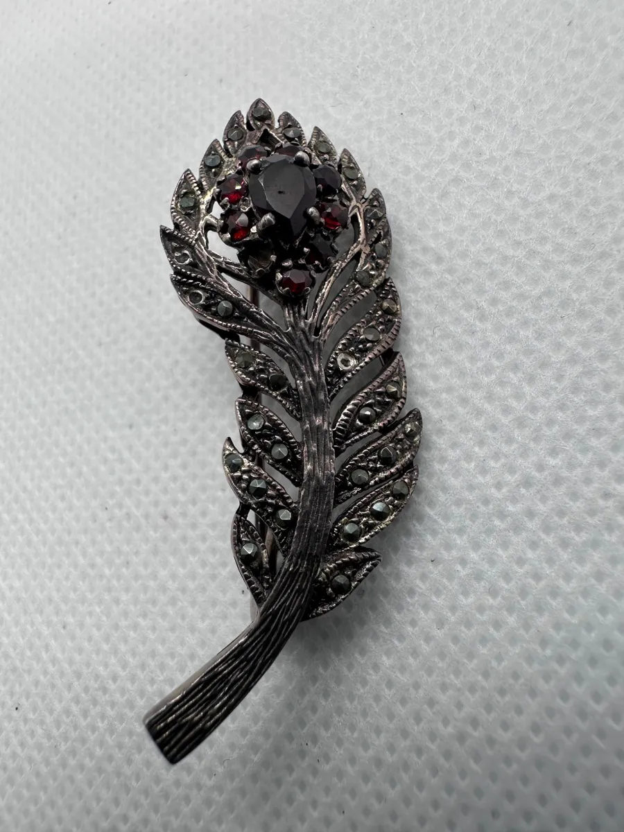 Vintage Silver Leaf Brooch with Gemstones